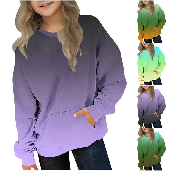 Ashirexll Fall Sweatshirts for Girls Crewneck Sweatshirts 2-12 Years Gradient Color Long Sleeve Pullover Tops with Pocket for Boys and Girls Casual Fashion