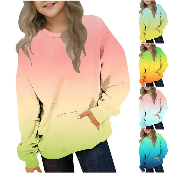 Ashirexll Fall Sweatshirts for Girls Crewneck Sweatshirts 2-12 Years Gradient Color Long Sleeve Pullover Tops with Pocket for Boys and Girls Casual Fashion