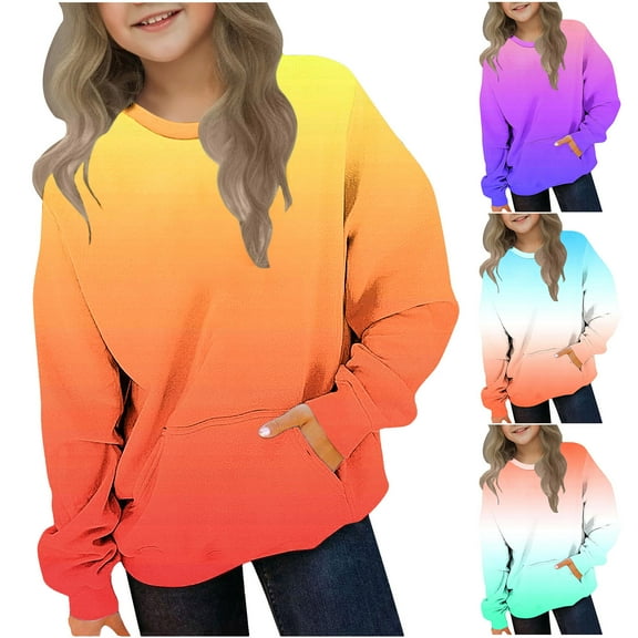 Ashirexll Fall Sweatshirts for Girls Crewneck Sweatshirts 2-12 Years Gradient Color Long Sleeve Pullover Tops with Pocket for Boys and Girls Casual Fashion