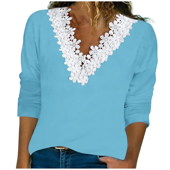 Ashirexll Fall Tops for Women Fashion Casual Solid Color Loose Lace Long Sleeve V-Neck Tops Sky Blue XXL