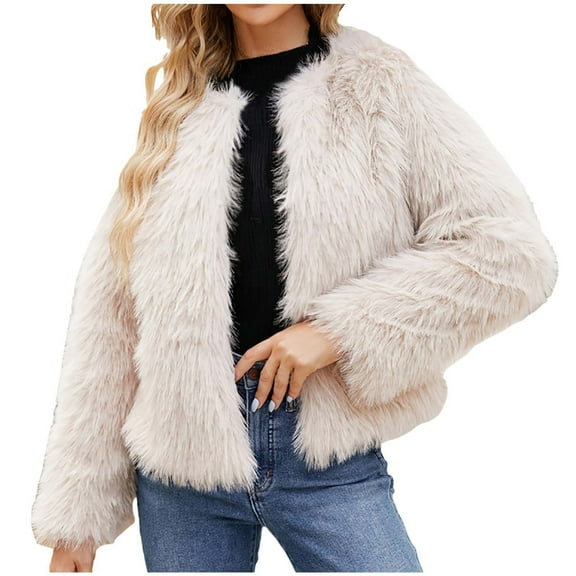 Ashirexll Faux Fur Jackets for Women Winter Coats Fleece Cropped Jacket Faux Fur Long Sleeve Pockets Shaggy Warm Outerwear Fall Clothes Beige XXL