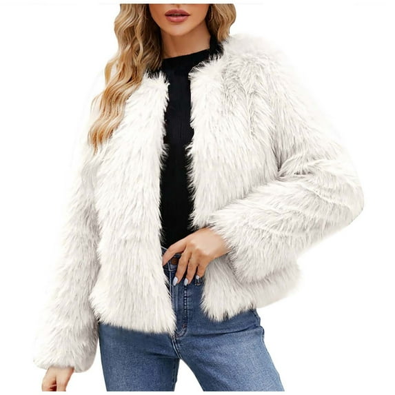 Ashirexll Faux Fur Jackets for Women Winter Coats Fleece Cropped Jacket Faux Fur Long Sleeve Pockets Shaggy Warm Outerwear Fall Clothes White 3XL