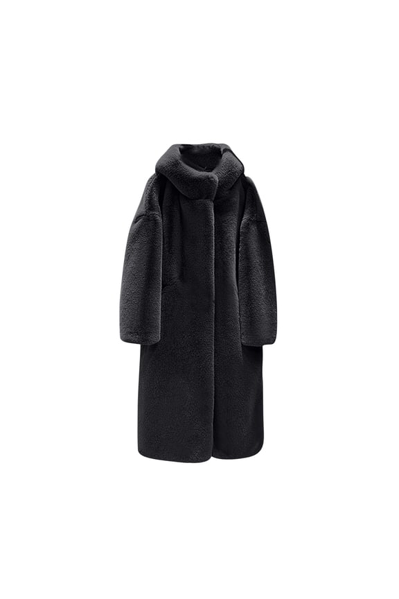 Faux Fur Jackets for Women Winter Oversized Fuzzy Thermal Warm Thickened Hooded Button Mid-Length Fleece Sherpa Thermal Outerwear Black XS