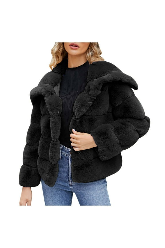 Faux Fur Jackets for Women Winter Plus Size Turndown Collar Fleece Cropped Jacket Long Sleeve Shaggy Warm Outerwear Fall Clothes Black S