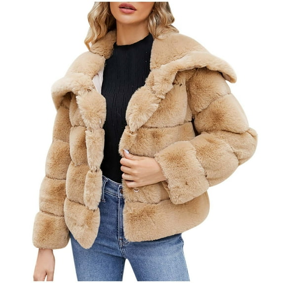 Ashirexll Faux Fur Jackets for Women Winter Plus Size Turndown Collar Fleece Cropped Jacket Long Sleeve Shaggy Warm Outerwear Fall Clothes Khaki XL