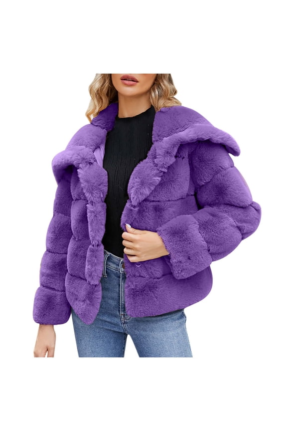 Faux Fur Jackets for Women Winter Plus Size Turndown Collar Fleece Cropped Jacket Long Sleeve Shaggy Warm Outerwear Fall Clothes Purple S