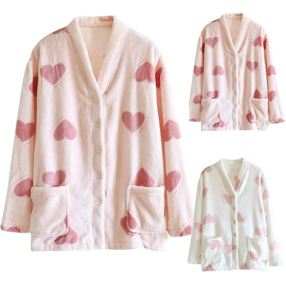 Ashirexll Fleece Pajamas Women, Fuzzy Pajamas for Women, Womens Winter Flannel Home Wear Cardigan Thickened V-Neck Loungewear Top