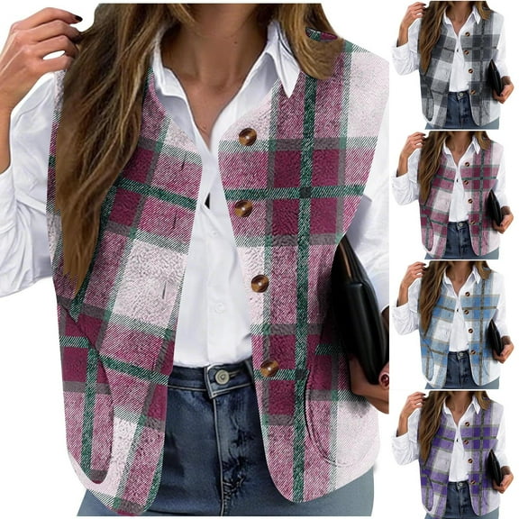 Ashirexll Fleece Vest Women, Womens Winter Coats Casual Warm Double Sided Winter Daily Printed Loose Collarless Button Coat