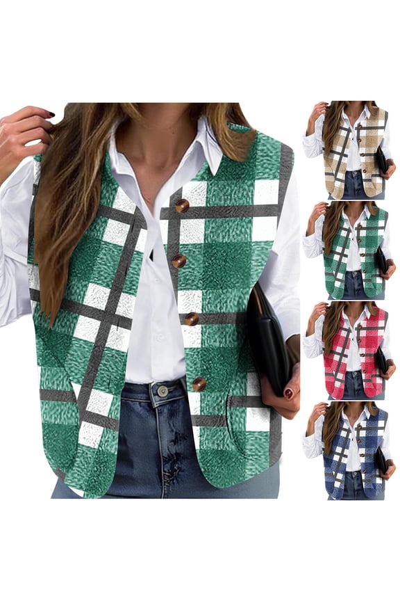 Fleece Vest Women, Womens Winter Coats, Casual Warm Double Sided Winter Daily Printed Loose Collarless Button Coat