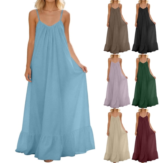 Ashirexll Flowy Dresses for Women, Womens Summer Dresses, Linen Fashion Loose V-Neck Bandage Pleated Adjustable Ruffle Dress