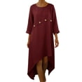 thumbnail image 1 of Ashirexll Flowy Dresses for Women, Womens Summer Dresses, Solid Color Loose Casual Linen Irregular Hem Quarter Sleeve Round Neck Dress, 1 of 7