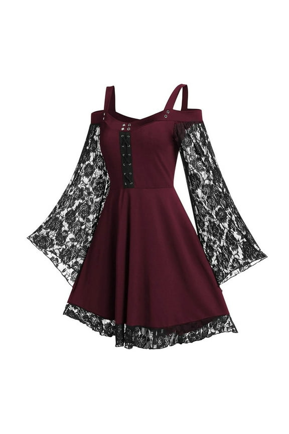 Formal Dresses for Women Patchwork Skull Lace Splicing Long Sleeve Vintage Party Dress Cocktail Wedding Guest Maxi Dresses Gothic Dress Wine XL