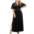 thumbnail image 1 of Ashirexll Formal Dresses for Women Plus Size Short Sleeve V-Neck Waist Cinched Solid Color Velvet Long Dress Wedding Guest Dresses for Women Black XXL, 1 of 5