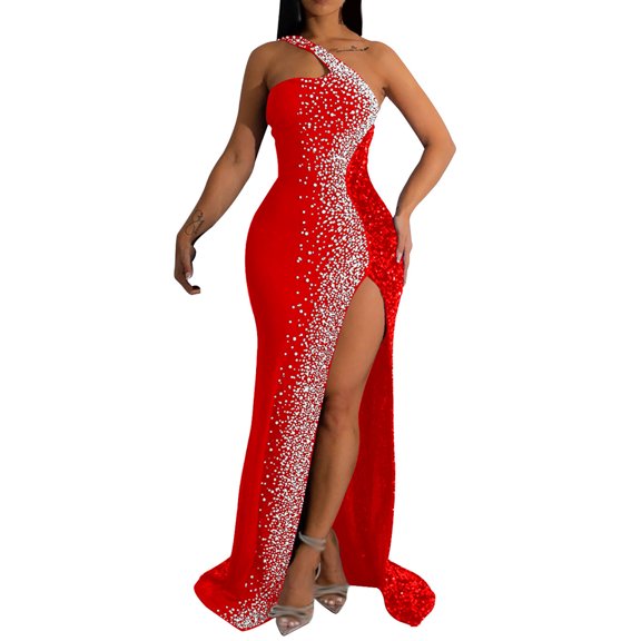 Ashirexll Formal Dresses for Women Fashionable Sequin Slit Sleeveless Hip Hugging Long Dress Evening Gowns for Women Formal Red XXL