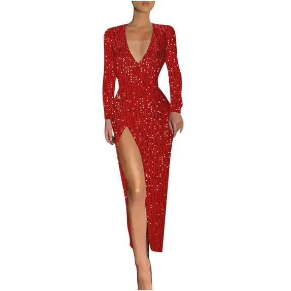 Ashirexll Formal Dresses for Women Plus Size Split Sequin Floor Length Evening Gown Long Sleeve V-Neck Dress Evening Gowns for Women Formal Red 3XL