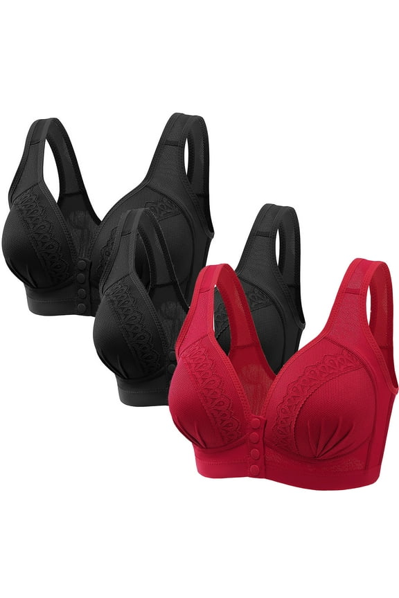 Front Closure Bras, Plus Size Push up Bra, Solid Color Full-Freedom Comfort Front Closure Bra for Women, Wireless 3PC Red B XL