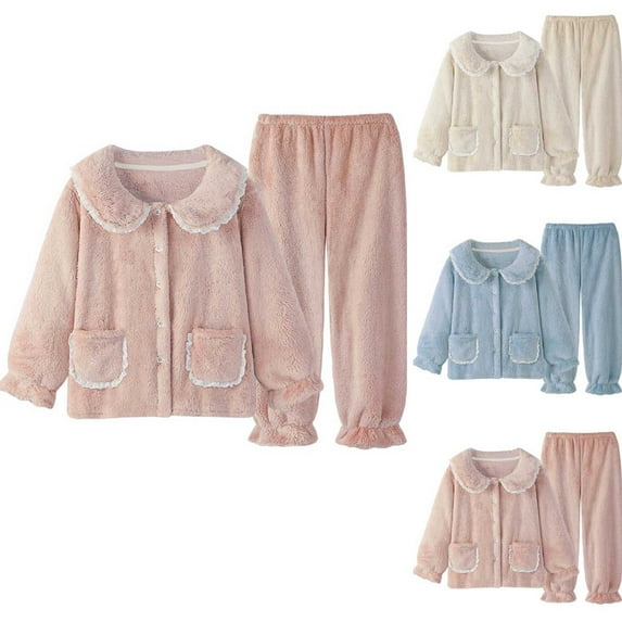 Ashirexll Fuzzy Pajamas for Women, Womens Two Piece Sets, Fall Solid Color Casual Comfortable Button Long Sleeve Pants Pajama Set