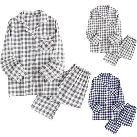 Ashirexll Fuzzy Pajamas for Women, Womens Winter Sets, Fall Lattice Printing Casual Comfortable Button Pocket Long Sleeve Pants Pajama Set