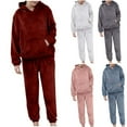 thumbnail image 1 of Ashirexll Fuzzy Pajamas for Women, Womens Winter Sets, Loose Solid Color Hooded Winter Thick Warm Velvet Pajama Set, 1 of 7