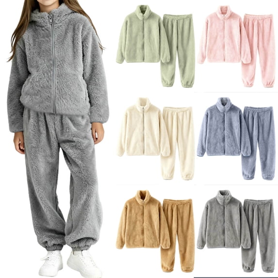 Ashirexll Girls' Clothing Sets 2 Piece Solid Flannel Long Sleeve Stand Collar Top with Solid Pants Fleece Lined Set for 1-15 Years