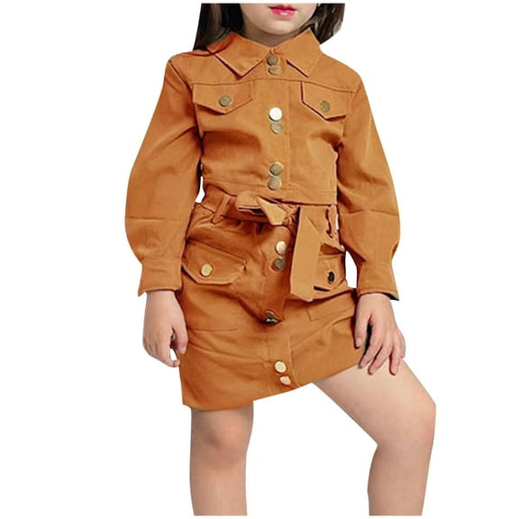 Ashirexll Girls Clothing Sets Fall Winter Solid Color Long Sleeve Notched Lapel Top and Short Skirt 2 Piece Set Fashion Outfits