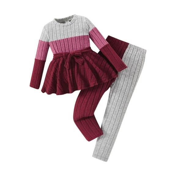 Ashirexll Girls Clothing Sets Fall Winter Solid Color Long Sleeve Top with Belted Pants 2 Piece Set Casual Toddler Outfits for Kids