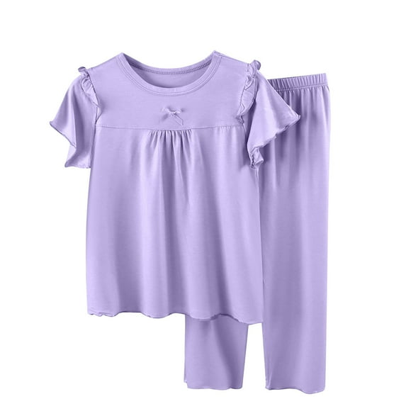 Ashirexll Girls' Clothing Sets, Girls Summer Outfits, 2-16 Years Girls Summer Home Wear Sets Solid Color Short Sleeve Loose Tops with Long Pants Clothing Sets