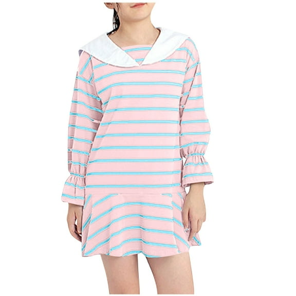 Ashirexll Girls Dresses Size 10-12, Girls Long Sleeve Dress, Dressse for Children 5-13Y Long Sleeve Turndown Collar Autumn Casual Striped Dress
