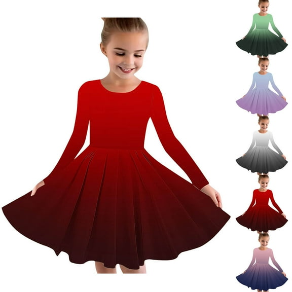 Ashirexll Girls Dresses Size 10-12, Girls Long Sleeve Dress, Fall Children Long Sleeve Stretchy Casual Dress Gradient Color Flowy Dress for 4-14Y