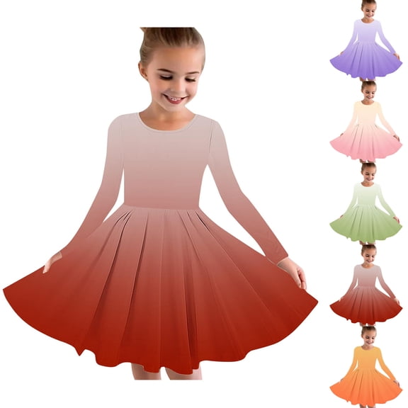 Ashirexll Girls Dresses Size 10-12, Girls Long Sleeve Dress, Fall Children Long Sleeve Stretchy Casual Dress Gradient Color Flowy Dress for 4-14Y