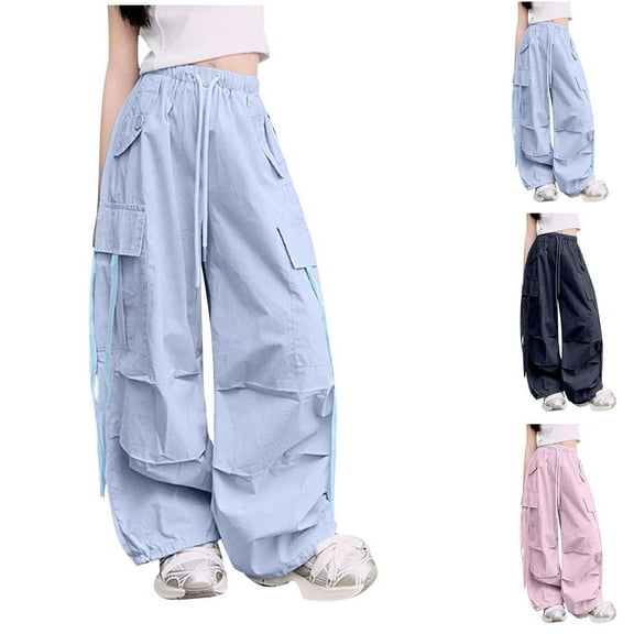 Ashirexll Girls High Waisted Pants Wide Leg Pants Spring Solid Color Work Pants With Multiple Pockets Loose Pants for Boys and Girls
