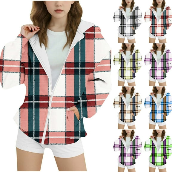 Ashirexll Girls Hoodies Pullover Zip Up Hoodie Girls 3-14 Years Winter Plaid Fashion Casual Velvet Fleece Lined Comfortable Long Sleeve Hooded Zipper Sweatshirt for Kids