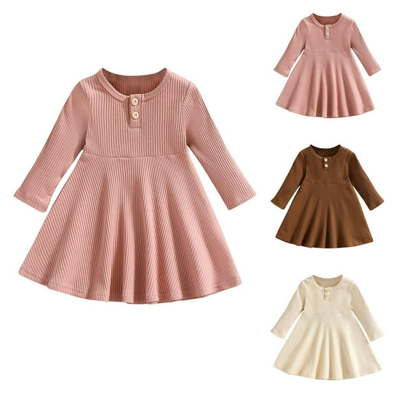 Ashirexll Girls Long Sleeve Dress, Dresses for Girls, Little Kids Long Sleeve Round Neck Clothing Button Solid Color Casual and Comfortable Fall Dress