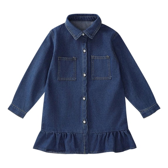 Ashirexll Girls Long Sleeve Dress, Dresses for Girls, 2-8Y Children Long Sleeve Collar Shirt Dress Fashion Button Pocket Denim Dresses