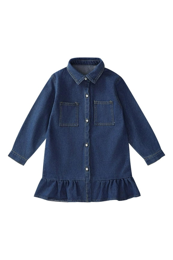Girls Long Sleeve Dress, Dresses for Girls, 2-8Y Children Long Sleeve Collar Shirt Dress Fashion Button Pocket Denim Dresses