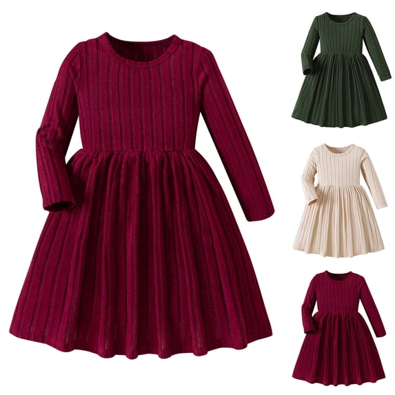 Ashirexll Girls Long Sleeve Dress, Dresses for Girls, 3-10Y Kids Long Sleeve Winter Dress Solid Color Casual and Warm Sweater Dress