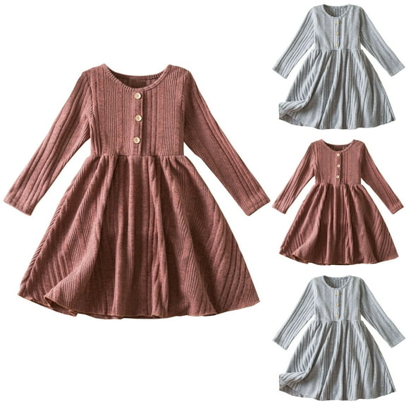 Ashirexll Girls Long Sleeve Dress, Dresses for Girls, Children Fall and Winter Long Sleeve Ruffled Round Neck Dress Button Shirt Dress for Kids 2-8Y