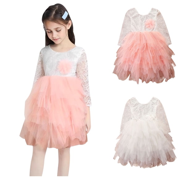 Ashirexll Girls Long Sleeve Dress, Dresses for Girls, Short Sleeve Soft Breathable Princess Dress Children Mesh Tiered Dress for 2-13Y Kids