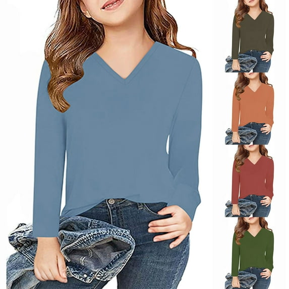 Ashirexll Girls Long Sleeve Shirts, Fall Shirts, Long Sleeve Shirts for Girls Solid Color Round Neck Cute Casual Blouses Clothes