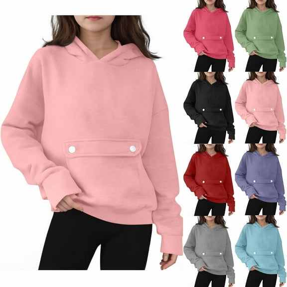 Ashirexll Girls Long Sleeve Shirts Oversized Hoodies 4-16 Years Childrens Color Long Sleeved Sense Hooded Pocket Sweater