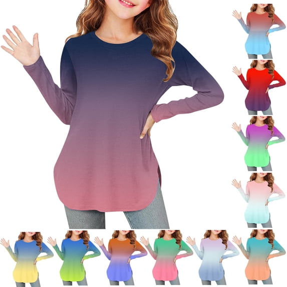Ashirexll Girls Long Sleeve Shirts Printed Round Neck Long Sleeve T Shirt with Side Split Hem for Girls 1-6 Years