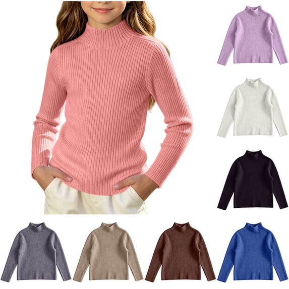 Ashirexll Girls Long Sleeve Shirts Ribbed Mock Neck Knit Pullover for Little Girls Fall Winter Layer 0-12 Years