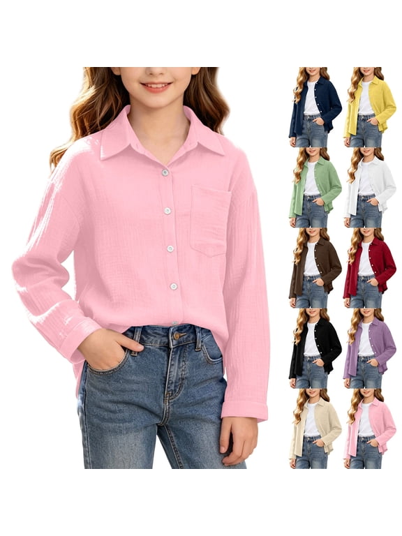 Girls Long Sleeve Shirts Solid Color Button Down Long Sleeve Shirt with Pockets for Big Girls Open Front 3-14 Years