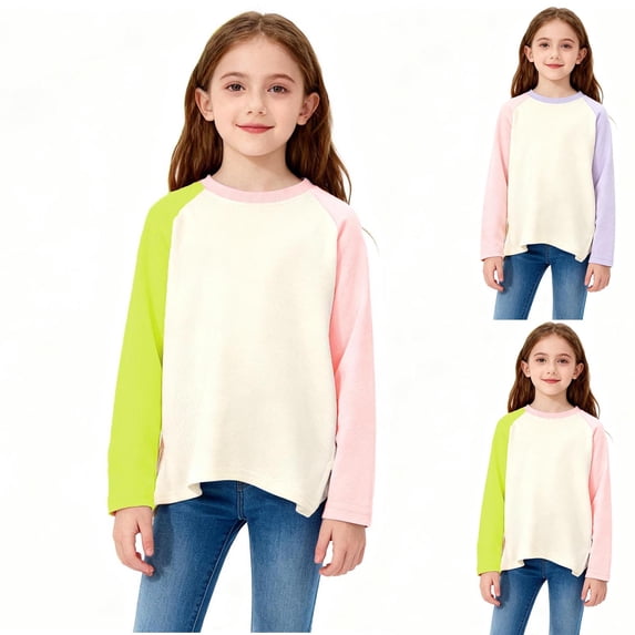 Ashirexll Girls Long Sleeve Shirts Solid Color Colorblock Raglan Sleeve Cotton Round Neck T Shirt for Big Boys and Girls 3-14 Years