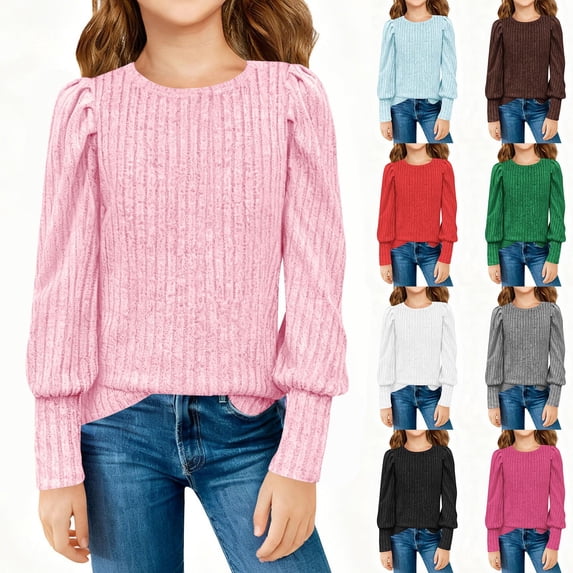 Ashirexll Girls Long Sleeve Shirts Solid Color Ribbed Brushed Round Neck Pullover Top for Big Kids Casual Layer 5-14 Years