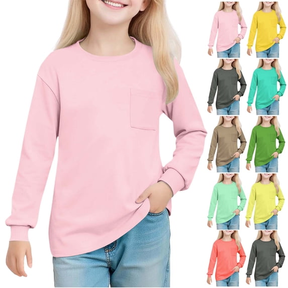 Ashirexll Girls Long Sleeve Shirts Solid Color Round Neck Long Sleeve Pullover Top for Big Girls Daily Wear