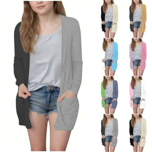 Ashirexll Girls Long Sleeve Tops Casual Cardigan Fall 5-14 Years Fashion Girls Casual Long Sleeve Printed Pocket Blouse