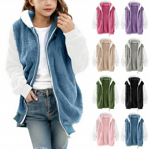 Ashirexll Girls Long Sleeve Tops Winter Coat 5-14 Years Fashion Hooded Long Sleeve Top with Pocket Solid Color