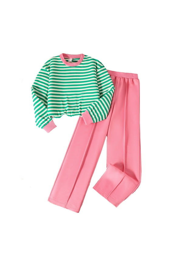 Girls Outfits 2 Piece Set Clothing Sets Fashion Stripe Round Neck Long Sleeve Shirt and Elastic Waist Pants