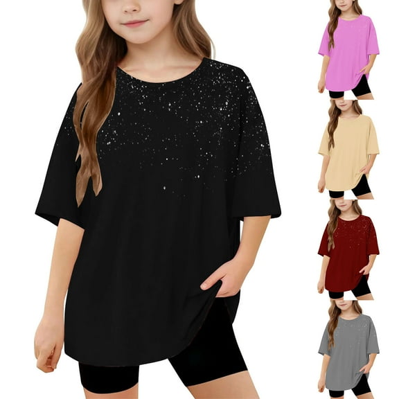 Ashirexll Girls Shirts, Summer Top, 5-15 Years Girls and Boys Fashion Gradient Color Printed T-shirts Loose Soft Short Sleeve Round Neck Summer Shirts